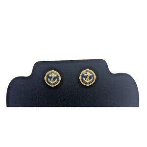 VTG AVON Unsigned Navy Blue Enameled Nautical Anchor Gold Tone Stud Earrings